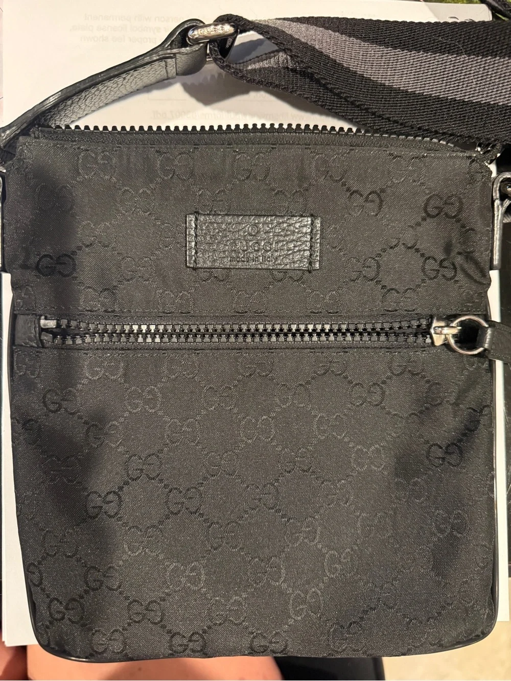 Authentic Gucci Black GG Monogram Messenger Bag with Striped Strap
